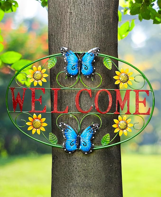 Glitzhome 23.75" L Welcome Wall Decor, Metal Rustic Sunflowers and Butterflies Decor Welcome Sign Wall Door Decoration for Home Outdoor Indoor Decorative Truck Metal Wall Hanging