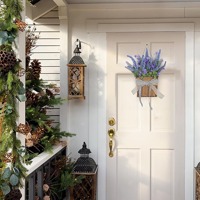 Purple Lavender Wreathes for Front Door, Spring Door Hanger Basket Wreath Artificial Hanging Basket Wreath with Green Leaves for Indoors Outdoor Decor Rustic and Farmhouse Purple Wreathes