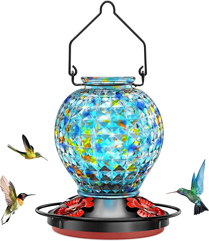 Hummingbird Feeder, Glass Hummingbird Feeder for Outdoors, Vibrant Colors Attract Hummingbirds, 18 Ounces, Diamond Ball Shape Bottle