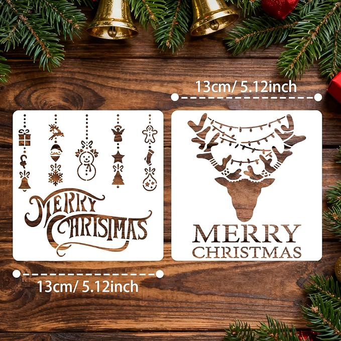 12Pc Christmas Stencils for Painting On Wood, Christmas Stencils for Crafts Reusable, Xmas Decorations Drawing DIY Art Craft Home Decor Wall, Windows, Deer Snowflakes Pinecones Decor(Christmas B)