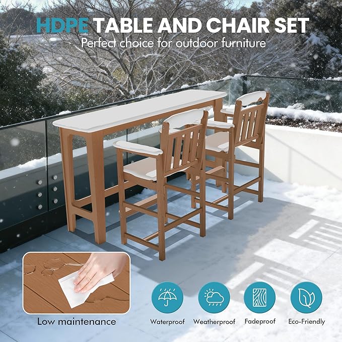 Ciokea 3 Pcs Outdoor Bar Height Table Set, 60" Extra Long Rectangle High Top Table and 2 Oversized Adirondack Chairs Set, Heavy-Duty All-Weather HDPE Patio Bar Set for Backyard Balcony Deck, Teak