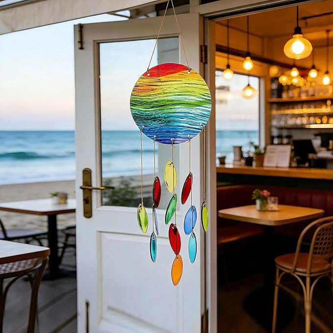 YU FENG Rainbow Stripe Double Disc Glass Wind Chime - Colorful Hanging Decor for Patio, Window & Garden