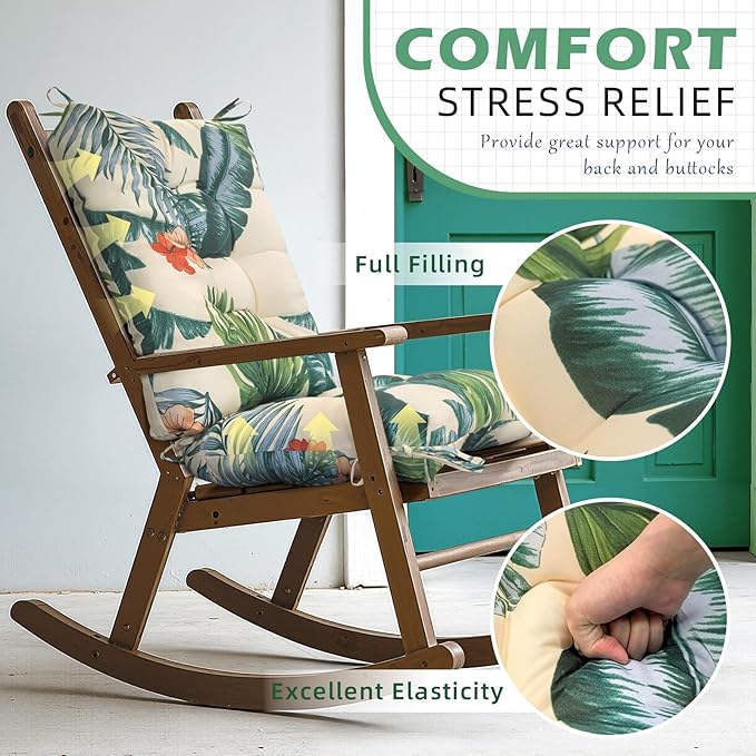 Waterproof Indoor Outdoor Rocking Chair Cushion Floral Patio Chair Pad Soft Seat Cushion for Porch Patio Bedroom Orange Grey