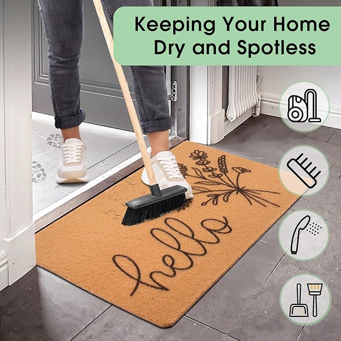 Hello Spring Door Mat for Front Door Welcome Matt Outdoor with Wildflower Bouquet Doormat Indoor Entrance with Flowers, Perfect Home Floral Decor (Brown)