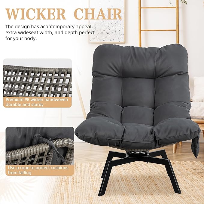 Vongrasig Swivel Wicker Chair PE Rattan Chair with Cushion, Oversized Patio Lounge Chair for Outdoor, Indoor, Balcony, Backyard, Garden, Living Room, Black Rattan
