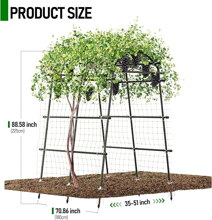 SPECILITE Garden Arch Trellis 88.58" Extra Tall for Climbing Plants Outdoor, Steel Stainless Arched Arbors Tunnel Trellis with Netting, Metal Cable Ties for Cucumber Tomato Pea Vines Fruit
