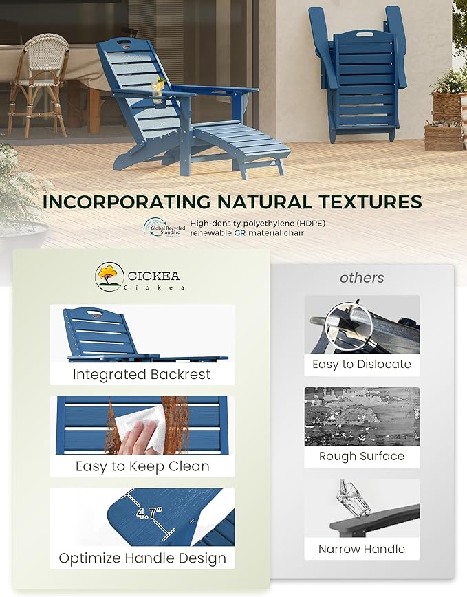 Ciokea Folding Adirondack Chair Set of 6 with Retractable Ottoman Fire Pit Patio Chair with Pull Out Foot Rest Weather Resistant Lawn Outdoor Chair with 2 Cup Holder (Navy Blue)