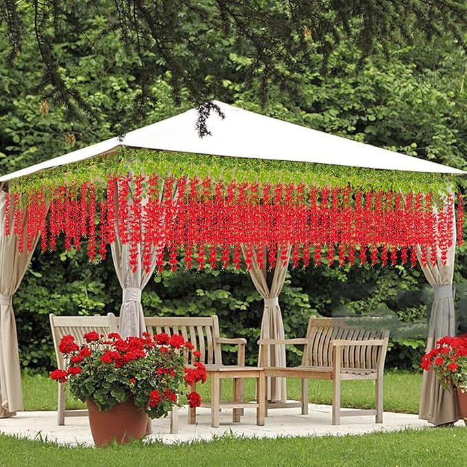 Artificial Wisteria Hanging Flowers Fake Wisteria Flower Garland Silk Vines Rattan Decor for Home Wedding Arch Wall Garden Greenery Bedroom Outdoor Office Party Decoration (36, Red)