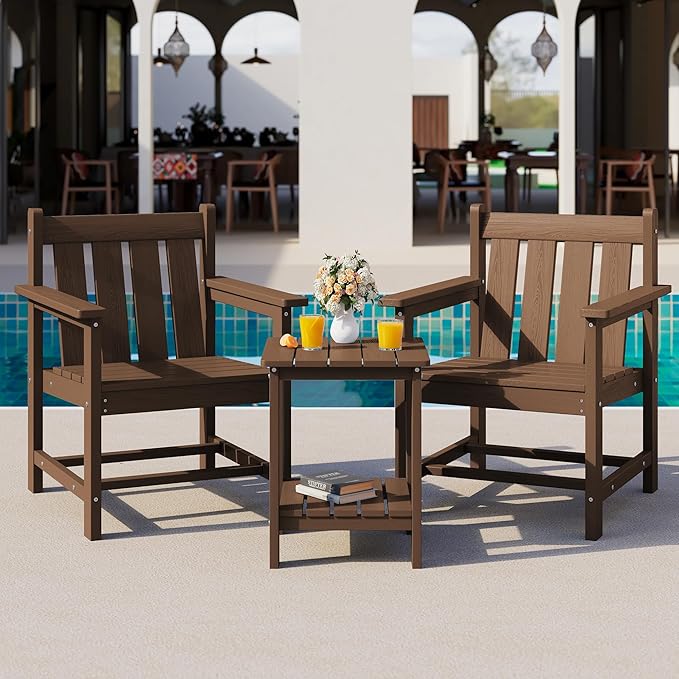 SEWRWALL 3 Pieces Patio Bistro Set, All Weather Adirondack Chair Set with Side Table, HDPE Material Outdoor Patio Furniture Set for Balcony, Porch, Garden, Backyard- Brown