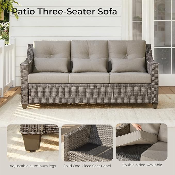 CHITA Wicker Outdoor Furniture Patio Sofa, Oversized 3-Seater Rattan Couch with 5.1'' Thick Cushions and Rust-Resistant Aluminum Legs