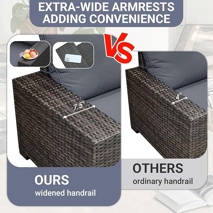 Jing's Villa 5-Piece Patio Furniture Set, All-Weather Outdoor Wicker Sectional Sofa with Cushions, Tempered Glass Table & Ottoman, Rattan Conversation Seating for Porch, Garden, Backyard,Grey