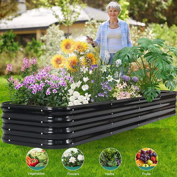 6 in 1 Galvanized Raised Garden Bed - 8x3x1ft (2Packs) Modular Planter Box Outdoor | Metal Raised Bed Kit with Bracing Rods for Gardening Vegetables Flowers Fruits Herbs (Dark Grey)