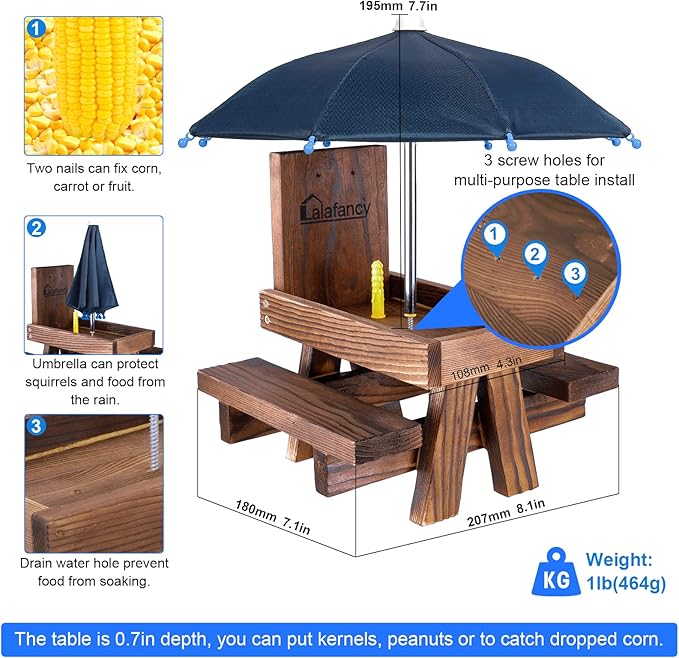 Squirrel Feeder Picnic Table with Umbrella, Lalafancy Carbonized Wood Squirrel Feeder for Outside Funny Chipmunk Feeder with Corn Cob Holder Structure Solid for Squirrel Gift