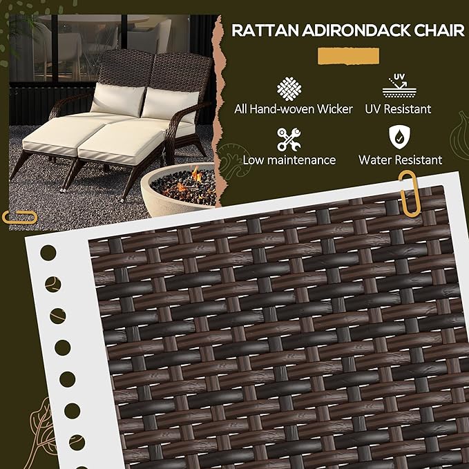 Outsunny Wicker Adirondack Chair for 2 with Cushions & Footrests, PE Rattan Double Chaise Lounge Chair, Fire Pit Chair for Porch with High-Back, Wide Armrests, Cream White