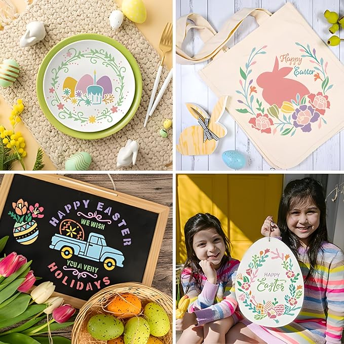 Easter Stencils for Painting, 28PCS Plastic Stencils for Crafts Reusable Featuring Bunny & Egg Icons, Drawing Templates for Wood Cards Canvas Glass, Holiday DIY Kit for Kids & Adults
