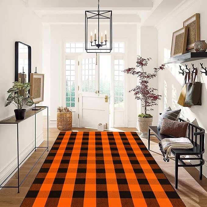 Fall Outdoor Rug Orange Buffalo Plaid Outdoor Rug Cotton Hand-Woven Buffalo Check Rug Layered Doormats for Front Door/Front Porch/Farmhouse/Entryway/Patio