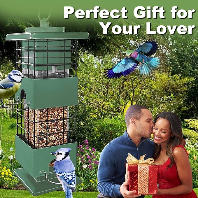 Squirrel Proof Bird Feeder,3Lbs Metal Birdfeeders Squirrel Proof with 4 Feeding Ports for Outside, Birds Seed Feeder for Outdoors, Cardinal, Finch, Sparrow (Green)