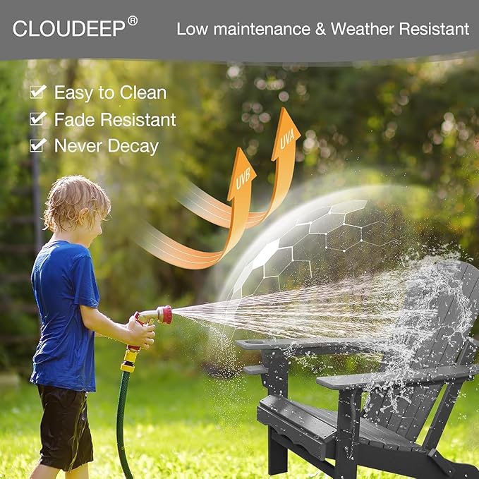 Folding Adirondack Chairs Set of 2, HDPE Fire Pit Chairs Weather Resistant, Composite Foldable Adirondack Patio Chair with Cup Holder and Umbrella Hole, Grey