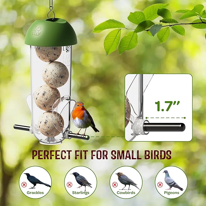 LONA Suet Ball Bird Feeder Outdoor Hanging Fat Ball Feeders with Versatile Mount Durable Weatherproof Washable Transparent Tube Wire Steel Metal Feeder for Wild Birds