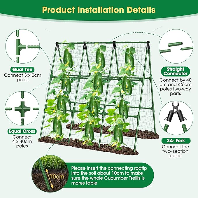 51x53 Inch Cucumber Trellis for Raised Bed,Foldable A-Frame Garden Trellis for Climbing Plants Outdoor with Climbing Net,Plastic-Coated Steel Core,for Cucumber Beans and Vine Type Plants ﻿