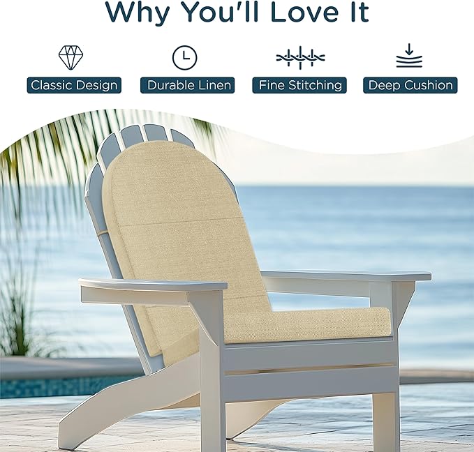 Codi Adirondack Chair Cushion – Outdoor Rocking Seat Cushions for Patio & Porch, Fade Resistant Waterproof Fabric with Ties, Beige