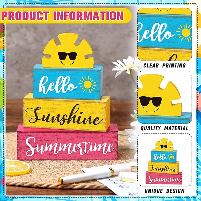 Summer Table Decor Hello Sunshine Wooden Block Sign Farmhouse Summertime Beach Tiered Tray Decor Rustic Table Centerpieces Summer Decorations for Home Desk Shelf Mantle Office Decorations