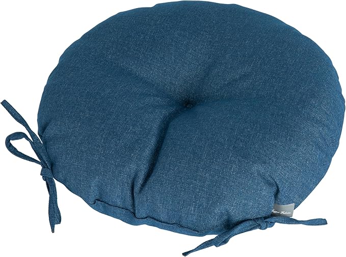 Magpie Fabrics Outdoor 15"x15"x4" Round Bistro Seat Cushions with Ties Set of 2, Tufted Waterproof Patio Floor Chair Pads for Home Garden Balcony Kitchen Office Porch, Dark Blue