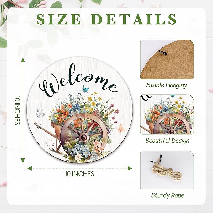 Spring Hanging Decor For Front Door, Wildflowers Welcome Spring Round Sign Decor For Farmhouse Home Yard Porch, Hello Spring Decorations, Spring Wall Plaque Gifts For Friends Family -08
