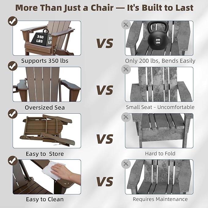 Domi Folding Adirondack Chairs Set of 6, HDPE All-Weather Outdoor Chairs with Cup Holder, Wooden Textured Fire Pit Chairs for Backyard, Patio, Poolside & Deck, Khaki