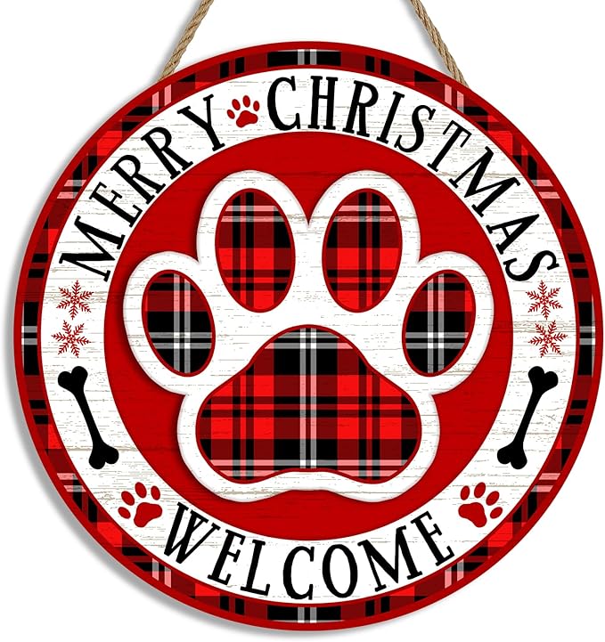 Christmas Dog Paw Welcome Door Sign for Front Door Decor, Pet Red Plaid Wooden Hanging Plaque Farmhouse Rustic Outdoor Indoor Wall Decoration for Home Porch Yard Winter