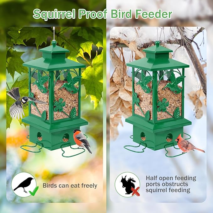 Bird Feeders for Outdoors Hanging, Metal Squirrel Proof Bird Feeder, Large Capacity and Weatherproof, Easy to Clean and Fill, Attracting Finch, Cardinal, Blue Jay; Green