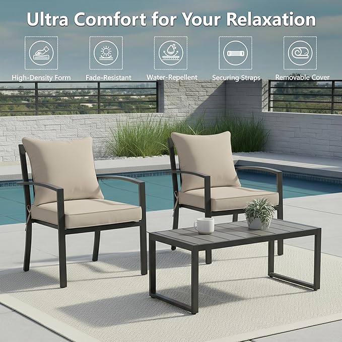 24x24 Inch Outdoor Chair Cushions Set of 2, Patio Furniture Cushions - Removable Cover, Water-Repellent, Fade-Resistant, Non-Slip Bottom & Straps, Replacement for Deep Seat Sofa & Couch - Cream