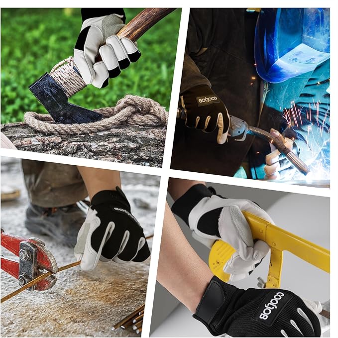 COOLJOB Leather Work Gloves with Grip, Thorn Proof, Heat Puncture Resistant Gloves for Gardening Welding Landscaping, White