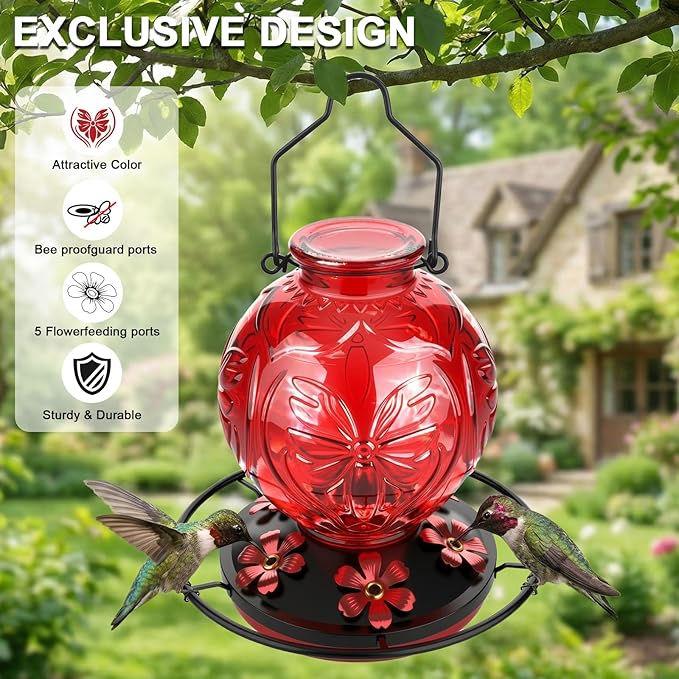 Glass Hummingbird Feeder for Outdoors Hanging, 25Oz Humming Bird Nectar Feeders with Perch & 5 Flower Feeding Ports, Leak Proof for Outside Garden Decor, Gifts for Women (Red)