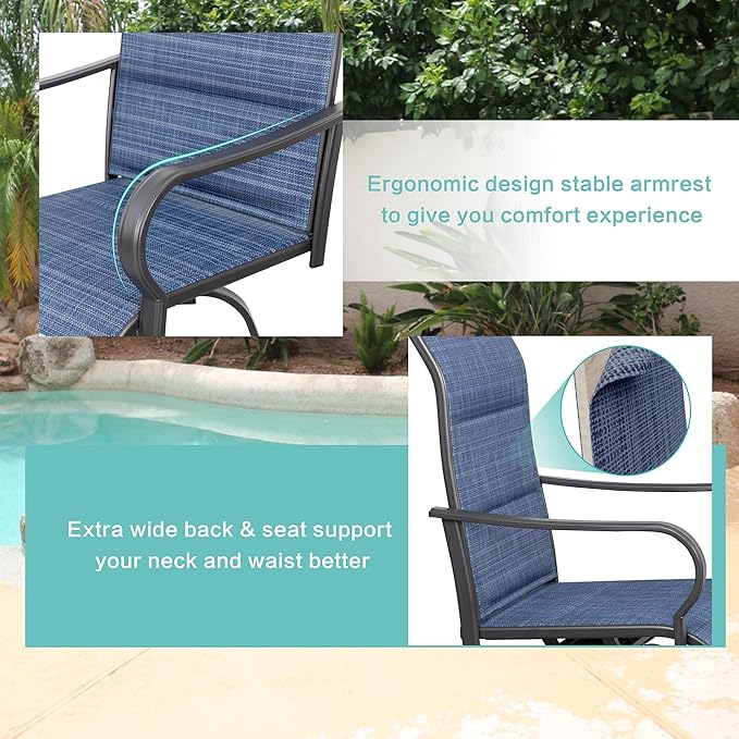 Vongrasig 2 Piece Outdoor Patio Swivel Bar Chairs, All Weather Padded Sling Textile High Top Bar Stools, Bistro Set for Backyard, Lawn Garden, Balcony, Padded Blue