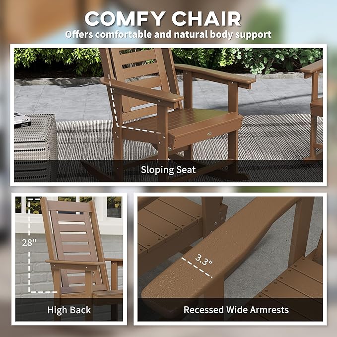 Outsunny Outdoor Rocking Chairs Set of 2, HDPE Patio Rocking Chairs with 28" High Back and Wide Armrests, All-Weather Slatted Porch Rockers for Garden, Balcony, Fire Pit, Brown