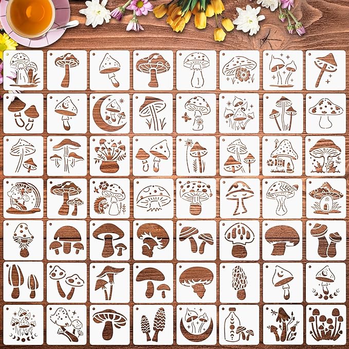 Augshy Mushrooms Stencils Template, 56 Pack Reusable Plastic Template Stencils Moon Flowers Stencils for Painting on Wall Floor Decor DIY Rock Painting Art Projects (3 inch)