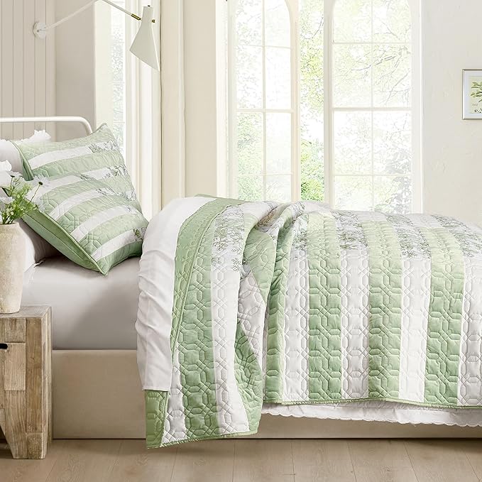 Wonderful Patchwork Quilt Set Queen Bedding, Stitched Floral Coverlet, Piano Key Splicing Bedspread, Cotton Lightweight Comforter with Pillowshams Sage Green
