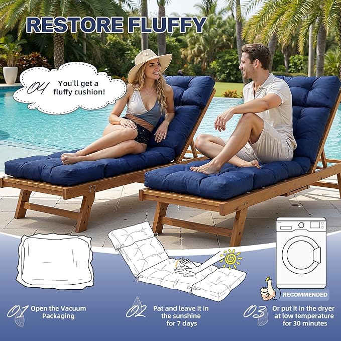 Outdoor Chaise Lounge Chair Cushions 75x24 x3.9 Inches Black Waterproof Patio Pool Lounge Chair Cushion Replacement with Ties for Outdoor Furniture