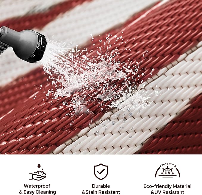 GENIMO 6' x 9' Outdoor Rug Waterproof for Patio Decor, Foldable Reversible Plastic Straw Area Rugs Mat for Camper, Outside Carpet for Rv, Deck, Porch, Picnic, Beach, Balcony, Red & White