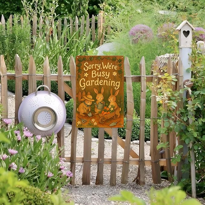 Metal Garden Signs for Outside - Sorry We’re Busy Gardening Sign, Funny Yard Decorations Outdoor with Cute Bunny Gardening Design for Patio, Flower Bed, Greenhouse Gifts for Women -8 x 12 Inch