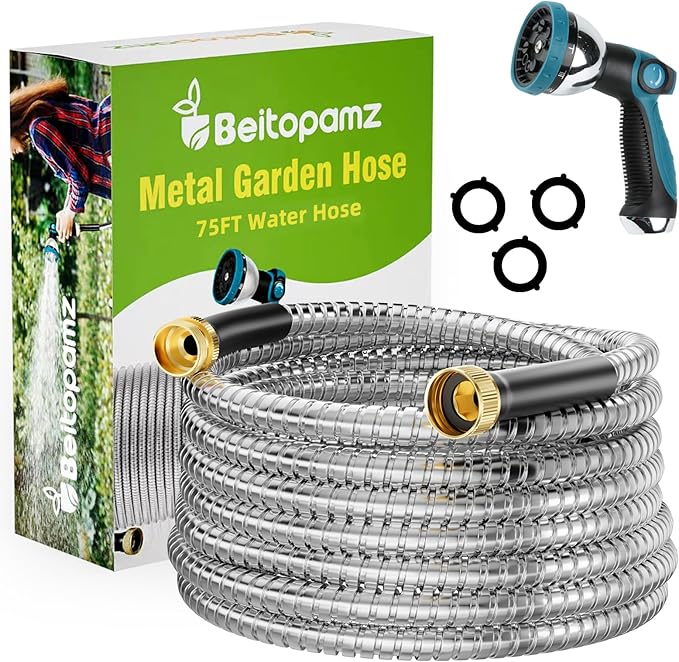 Garden Hose 75 ft, Stainless Steel Metal Water Hose with Nozzle, Flexible and Durable, Rust Proof, No-Kink, Heavy Duty, Leakproof 3/4'' Brass Fittings, Lightweight Hose for Patio, Lawn