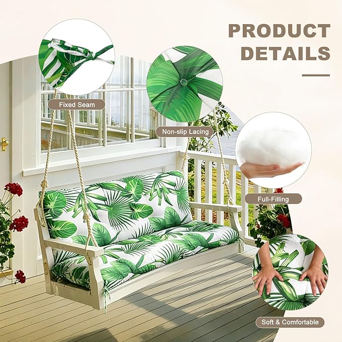Porch Swing Cushion with Backrest,Waterproof Bench Cushion for Outdoor Furniture,2-3 Seater Replacement Thickened Swing Cushion with Ties,Patio,Outdoor,Backyard and Garden (Fresh Leafy,60x40")