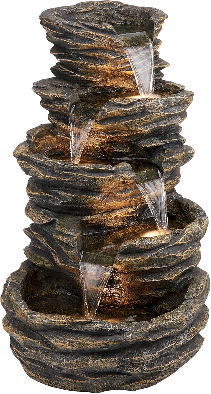 Alpine Corporation 39" Tall Outdoor 5 Tiered Natural Look Rock Water Floor Fountain with Replaceable Lights, Brown