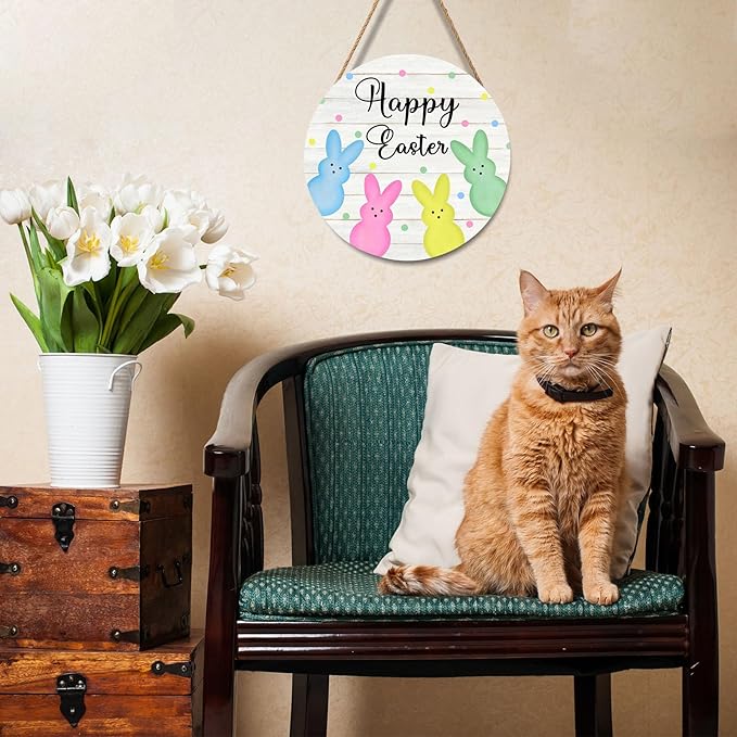 Anyako Happy Easter White Door Sign For Front Door Decor,Cute Bunny Colored Polka Dots Wooden Sign 12"x 12" Round Hanging Spring Door Sign Decoration for Wall Rustic Decor