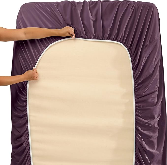 Clara Clark Fitted Sheet, Extra Deep Pocket Fits Deep Mattress, Luxury Soft Fitted Sheet Only, King - Extra Deep Purple Eggplant
