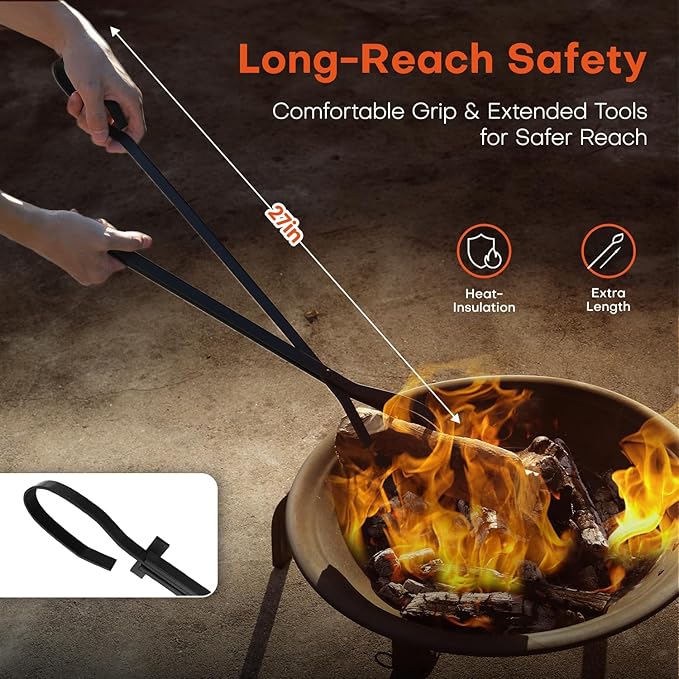 COMFYHOME Fireplace Tools 5 Pcs, 32-Inch Wrought Iron Fireplace Tools Set with Ergonomic Handle, Fire Poker, Tong, Shovel, Brush, Stand for Outdoor Indoor Fire Pit, Modern Fireplace Kit, Black