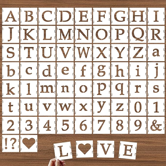 2.5 Inch Alphabet Letter Stencils, 65 Pcs Reusable Plastic Letter Number Symbol Interlocking Drawing Template Kit for Painting on Wood, Wall, Fabric, Rock, Signage, Door Porch
