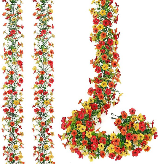 2 Pack Artificial Flowers Garland Ivy,Spring Summer Decor UV Resistant Fake Daisy Vines Floral Vine Silk Hanging Flower for Decor Home Garden Wedding Photo Booth Backdrop (Red Orange Yellow)