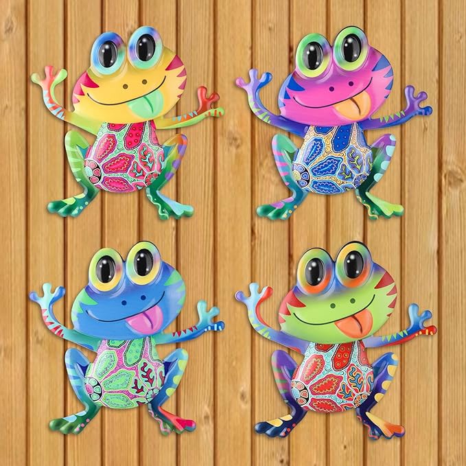 Junware Metal Frog Wall Decor, 4Pcs Frog Iron Wall Art Sculptures Art Frogs Wall Hanging Sculpture Decoration. Outdoor Fence Art for Home Garden, Fence, Patio, Yard, Bedroom Outside Gifts for Adults